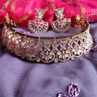 N0525_Ravishing designer necklace embellished with american diamond stones with a touch of pink stones.