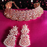 N0533_Lovely designer rose gold choker necklace embellished with american diamond stones with delicate work.
