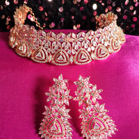 N0533_Lovely designer rose gold choker necklace embellished with american diamond stones with delicate work.