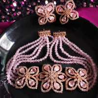 N0498_Classy pink crystal flower design choker necklace set studded  with  American diamond stones.