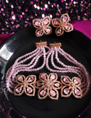 N0498_Classy pink crystal flower design choker necklace set studded  with  American diamond stones.