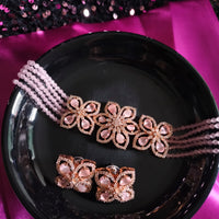 N0498_Classy pink crystal flower design choker necklace set studded  with  American diamond stones.