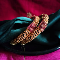 B0318_Classic Style Gold plated bangles studded with pink & green ruby stones.