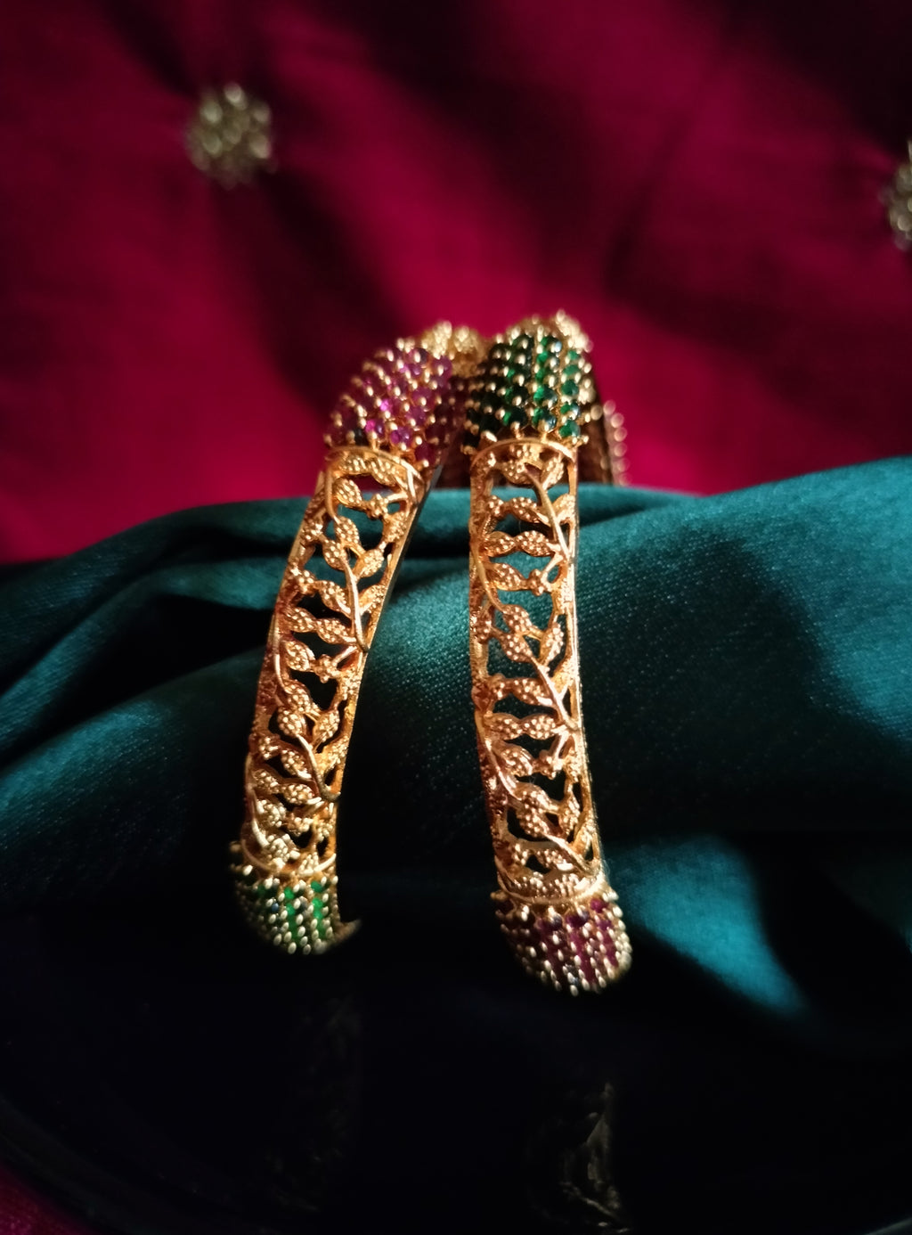 B0318_Classic Style Gold plated bangles studded with pink & green ruby stones.