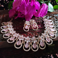 N05356_Lovely floral design necklace embellished with american diamond stones with a touch of pink  stones.