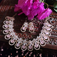 N05356_Lovely floral design necklace embellished with american diamond stones with a touch of pink  stones.