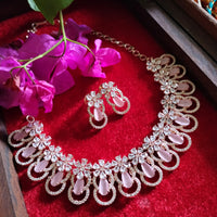 N05356_Lovely floral design necklace embellished with american diamond stones with a touch of pink  stones.