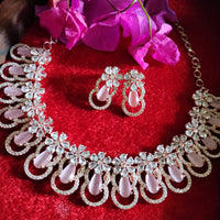 N05356_Lovely floral design necklace embellished with american diamond stones with a touch of pink  stones.