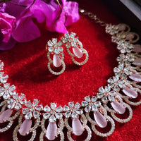 N05356_Lovely floral design necklace embellished with american diamond stones with a touch of pink  stones.
