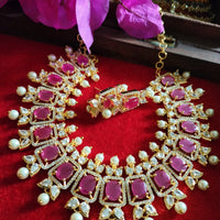 N0517_Lovely traditional style American Diamond necklace set with delicate stone work  with a touch of  red ruby stones along with pearl drops.