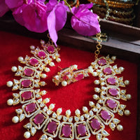 N0517_Lovely traditional style American Diamond necklace set with delicate stone work  with a touch of  red ruby stones along with pearl drops.