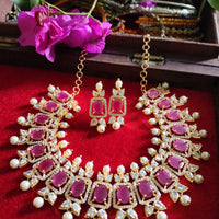 N0517_Lovely traditional style American Diamond necklace set with delicate stone work  with a touch of  red ruby stones along with pearl drops.