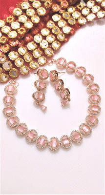 N0545_Lovely choker necklace embellished with american diamond stones with a touch of pink stones.