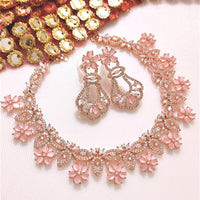 N0541_Elegant flower design choker necklace embellished with american diamond stones with a touch of pink stones.