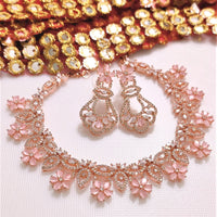 N0541_Elegant flower design choker necklace embellished with american diamond stones with a touch of pink stones.
