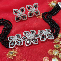 N0529_Classic designer crystal with floral design pendant choker necklace set studded  with  American diamond stones.