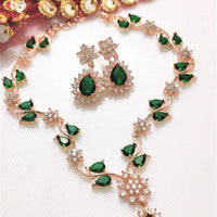 N0537_Elegant sleek design choker necklace embellished with american diamond stones with a touch of green stones.