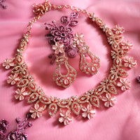 N0541_Elegant flower design choker necklace embellished with american diamond stones with a touch of pink stones.