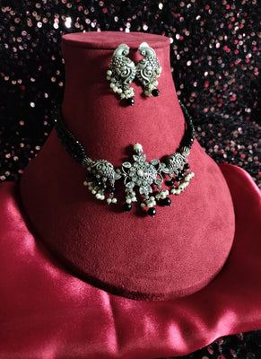 N0160_Exquisite pure German silver Oxidized necklace set studded with stones with a touch of black crystals & pearl drops.