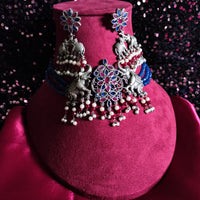 N0157_Exquisite pure German silver Oxidized necklace set studded with blue & pink ruby stones with a touch of blue crystals & pearl drops.