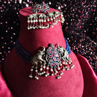 N0157_Exquisite pure German silver Oxidized necklace set studded with blue & pink ruby stones with a touch of blue crystals & pearl drops.