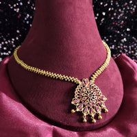 N0187_Elegant Micro Gold plated Necklace with delicate work studded with Precious pink ruby stones with a touch of golden beads.