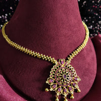 N0187_Elegant Micro Gold plated Necklace with delicate work studded with Precious pink ruby stones with a touch of golden beads.