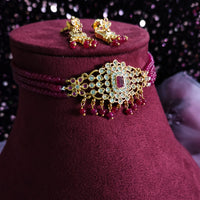 N0389_Elegant designer maroon crystal choker necklace set with a delicate design pendant studded  with  American diamond stones & ruby stones.