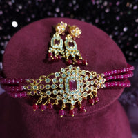 N0389_Elegant designer maroon crystal choker necklace set with a delicate design pendant studded  with  American diamond stones & ruby stones.
