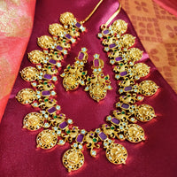 N0555_Traditional temple jewelry style Lakshmi design gold plated necklace set embellished with ruby stones .
