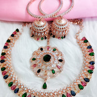 N0505_Gorgeous  designer rose gold american diamond embellished necklace set with a touch of  multi colour