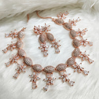N0552_Lovely designer rose gold choker necklace embellished with american diamond stones with delicate stone work.