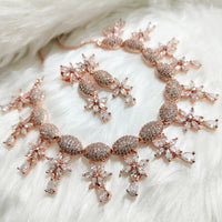N0552_Lovely designer rose gold choker necklace embellished with american diamond stones with delicate stone work.