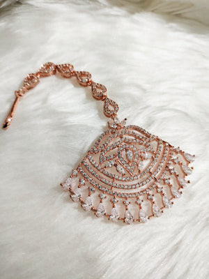 M021_Beautiful Broad design rose gold American diamond studded Maang tika.