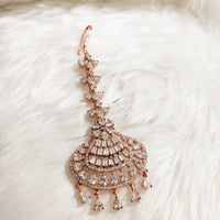 M022_Beautiful rose gold American diamond studded Maang tika with delicate stone work.