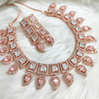 N0478_Classic square design American Diamond stones embellished necklace set with delicate stone work with a touch of pink stones.