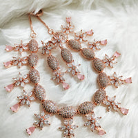 N0474_Classy American Diamond stones embellished necklace set with delicate floral design.