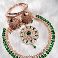 N0507_Elegant designer rose gold american diamond embellished necklace set with a touch of  green colour