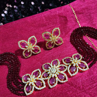 N0565_Classic designer crystal Grand flower design pendant choker necklace set studded  with  American diamond stones.