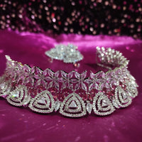 N0560_Ravising designer American Diamond stones choker set with delicate stone work with a touch of wine red stone.