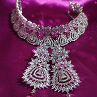 N0560_Ravising designer American Diamond stones choker set with delicate stone work with a touch of wine red stone.
