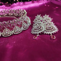 N0560_Ravising designer American Diamond stones choker set with delicate stone work with a touch of wine red stone.