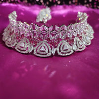 N0560_Ravising designer American Diamond stones choker set with delicate stone work with a touch of wine red stone.
