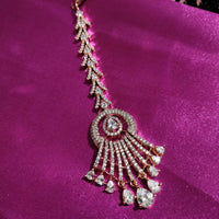 M028_Elegant designer rose gold American diamond studded Maang tika with delicate stone work.