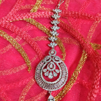 M030_Classy tear drop design American diamond studded Maang tika with delicate stone work.