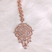 M025_Gorgeous broad designer rose gold American diamond studded Maang tika with delicate stone work.