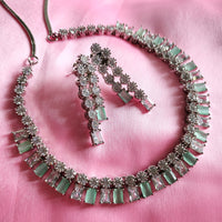 N0566_Lovely American Diamond stones necklace set with a touch of  sea green stones.