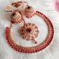 N0567_Beautiful rose gold choker necklace embellished with american diamond stones with a touch of dark pink stones.