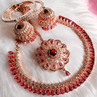 N0567_Beautiful rose gold choker necklace embellished with american diamond stones with a touch of dark pink stones.
