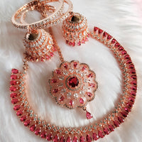N0567_Beautiful rose gold choker necklace embellished with american diamond stones with a touch of dark pink stones.